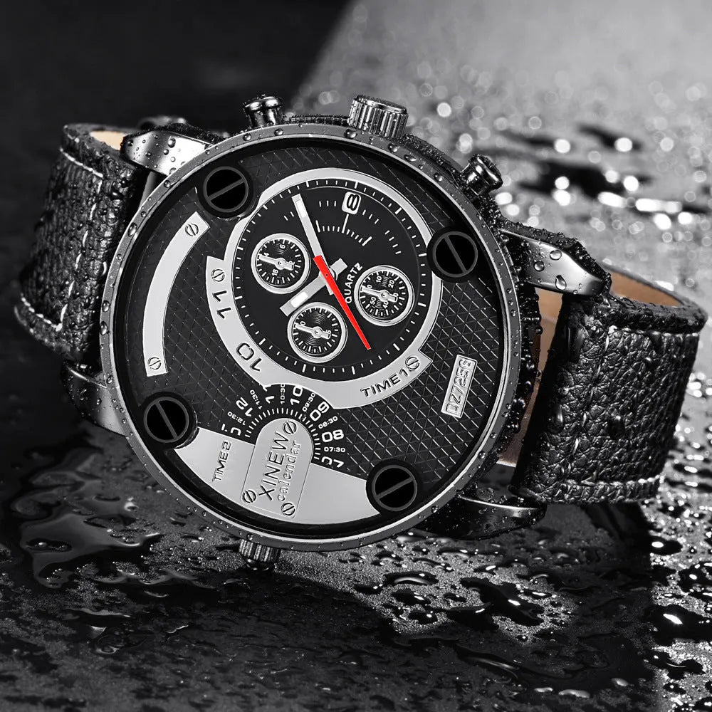 Mens big analogue wristwatch with leather strap and date window, 5cm dial, black colour option