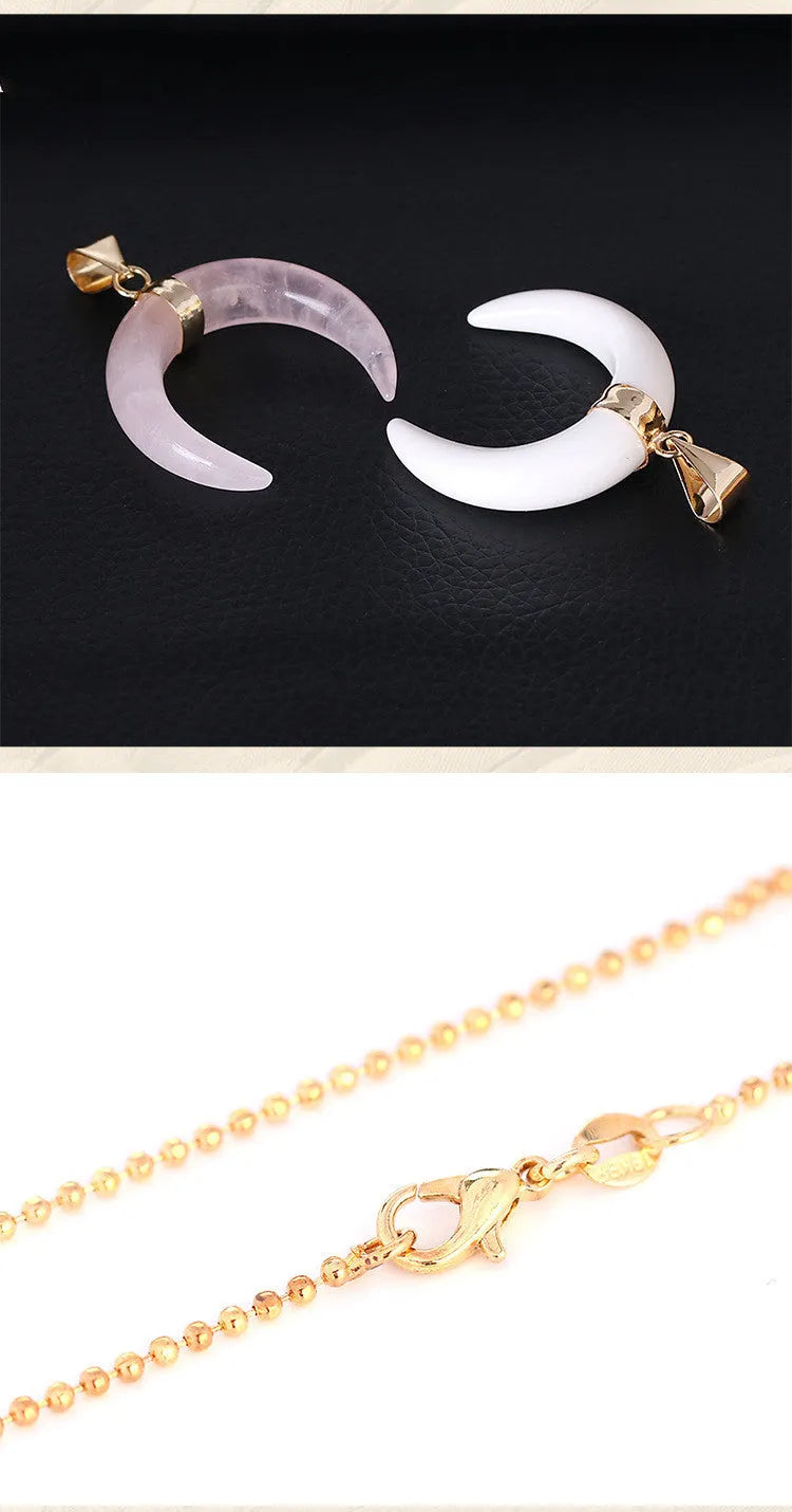 Crystal moon pendant necklace with natural stone pendant on electroplated copper chain