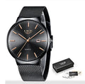 Men's stainless steel watch with 40mm dial on a wrist, showing slim profile.