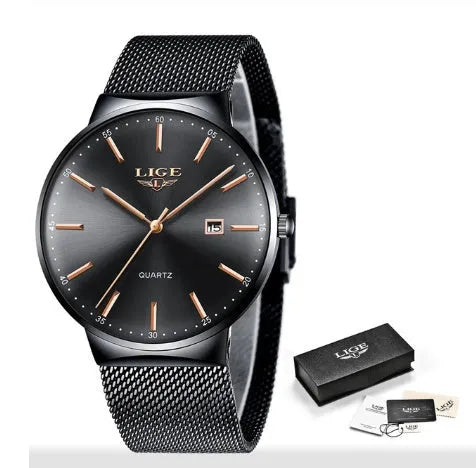 Men's stainless steel watch with 40mm dial on a wrist, showing slim profile.