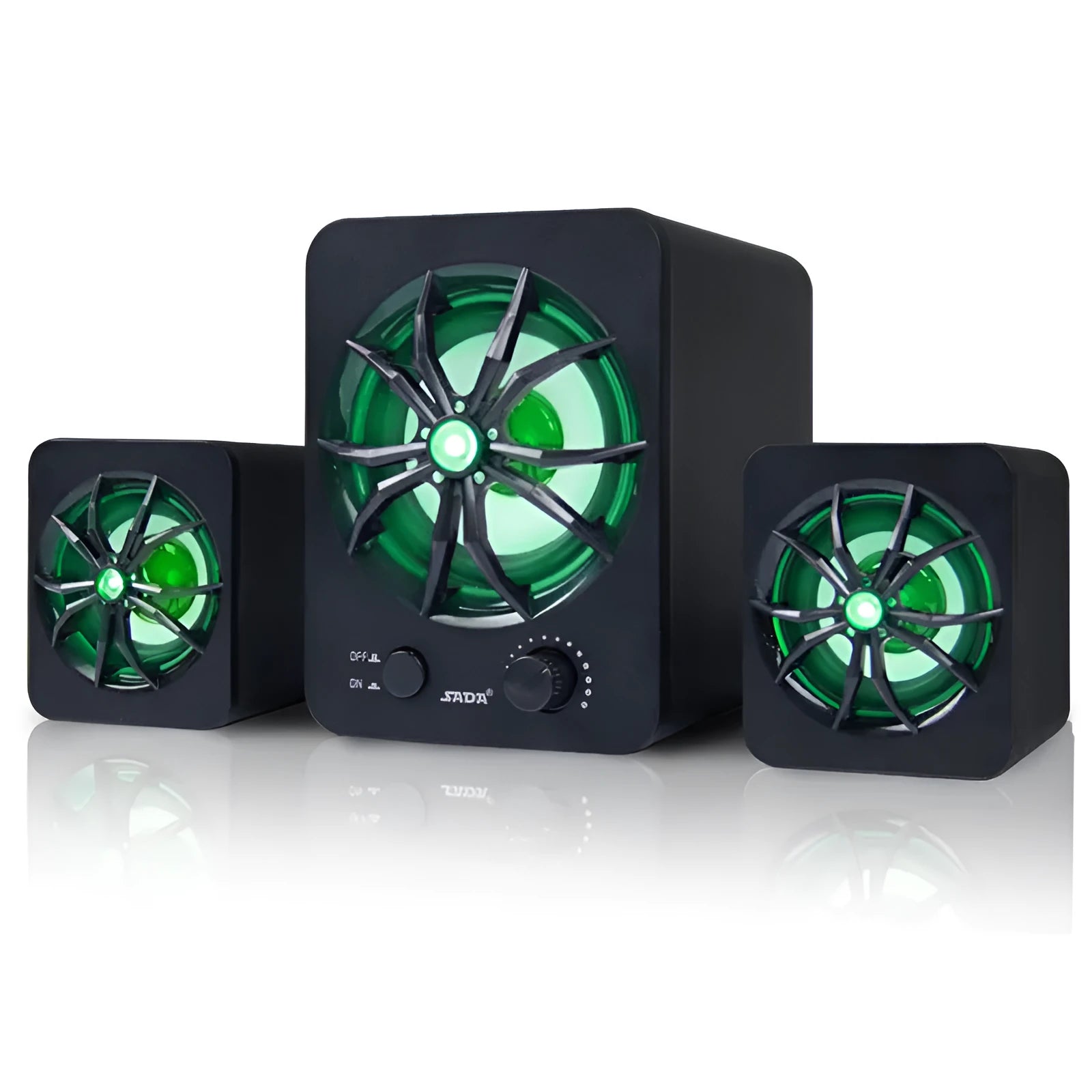 Green 2.1 USB computer speaker with colourful LED lights and dual USB/3.5mm connectivity