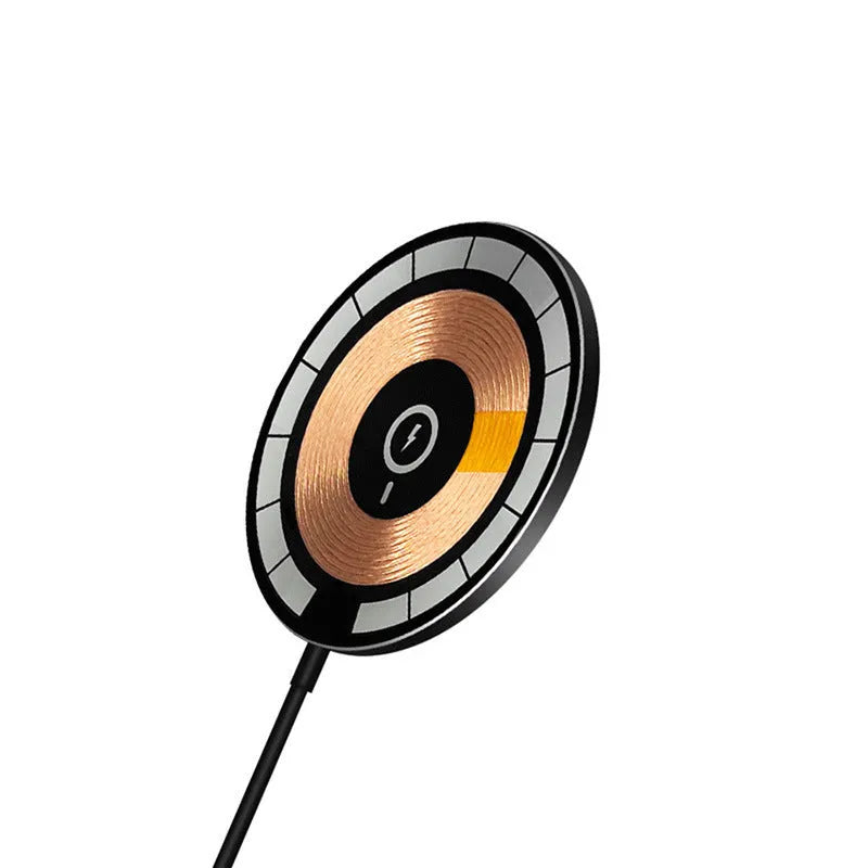 15W magnetic wireless charger with USB-C input, black finish, on a white desk, 84mm diameter disc with magnetic phone alignment