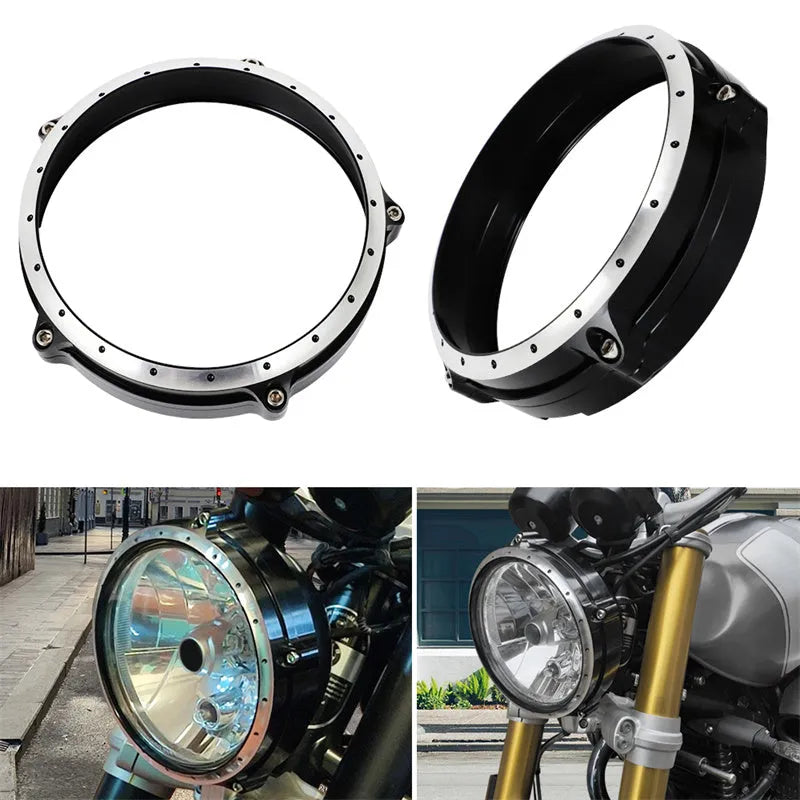 Black CNC aluminium headlight cover for BMW R Nine T Scrambler motorcycle