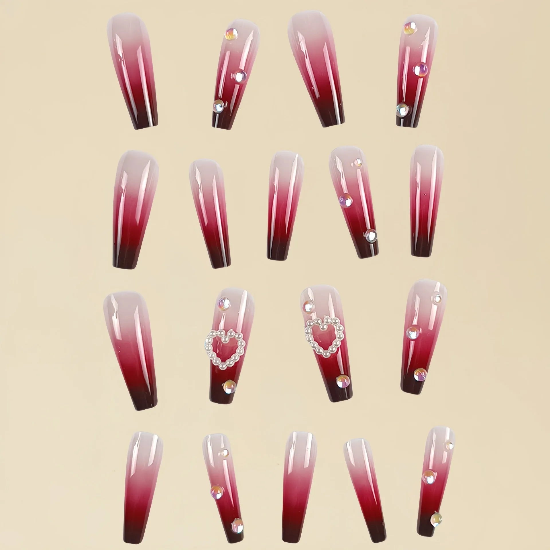 Wine red gradient fake nail tips with pearl heart design and plaid pattern in long ballet style