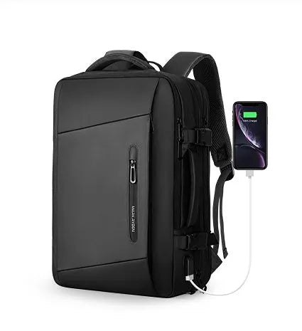 Large black men's backpack with multiple zippered pockets and 36-55 litre capacity