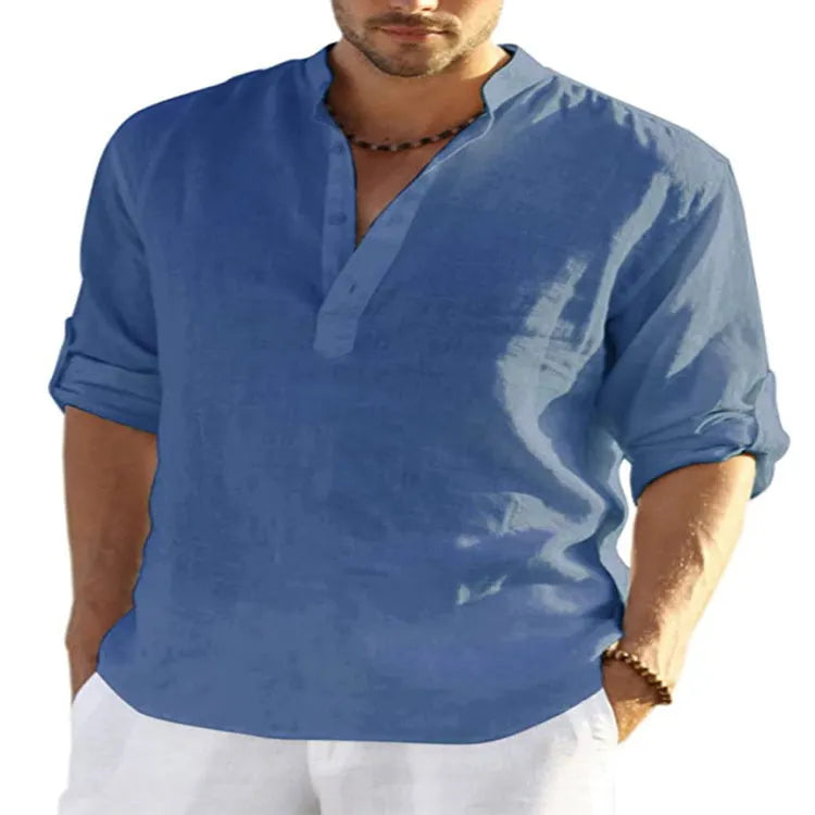 Men's slim-fit stand collar shirt in cotton-linen blend, shown in light blue, with button front and long sleeves.