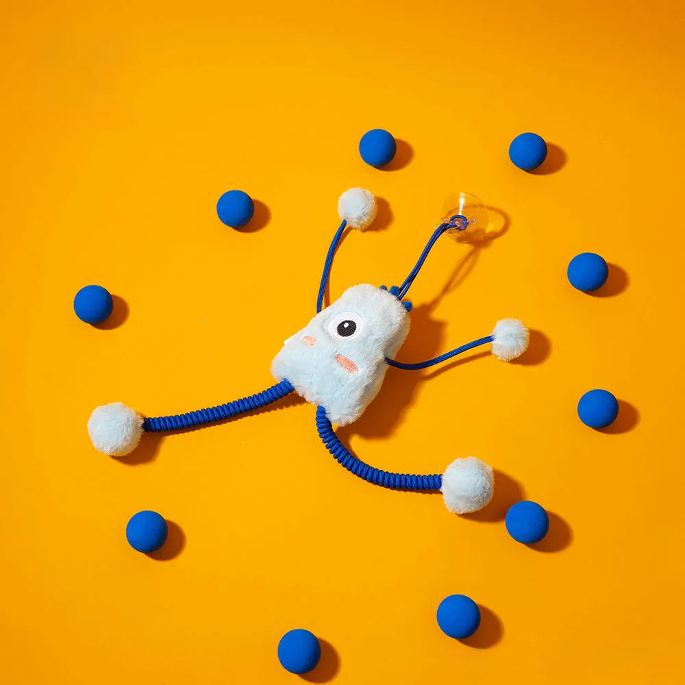 Blue four-ring soft plush cat toy with elastic rope and a mint bell.
