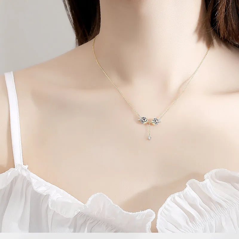Fish-shaped S925 silver zircon necklace with 6x9mm pendant and 40cm+4cm chain in gold colour