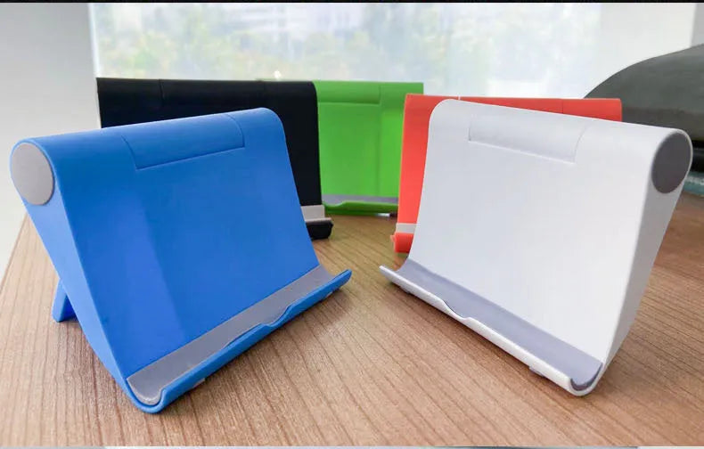 PE folding mobile phone and tablet desktop stand in black on a white background