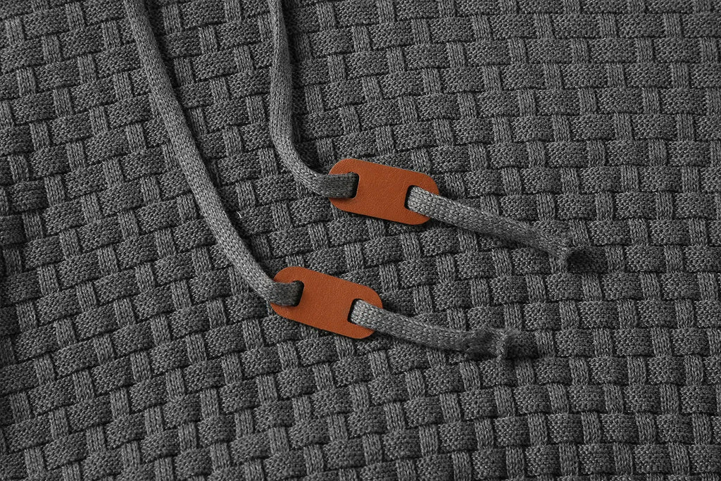 Men's grey cotton-polyester blend hoodie sweatshirt on a hanger.