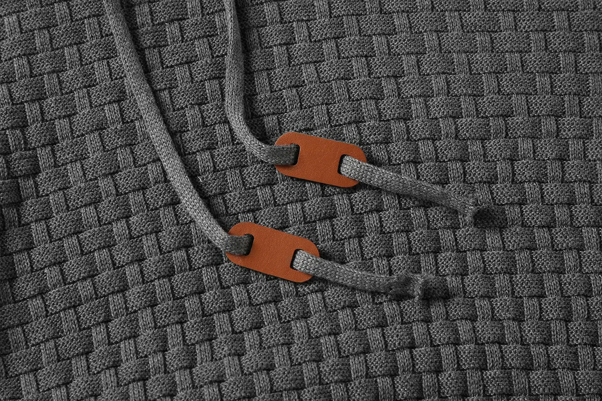 Men's grey cotton-polyester blend hoodie sweatshirt on a hanger.