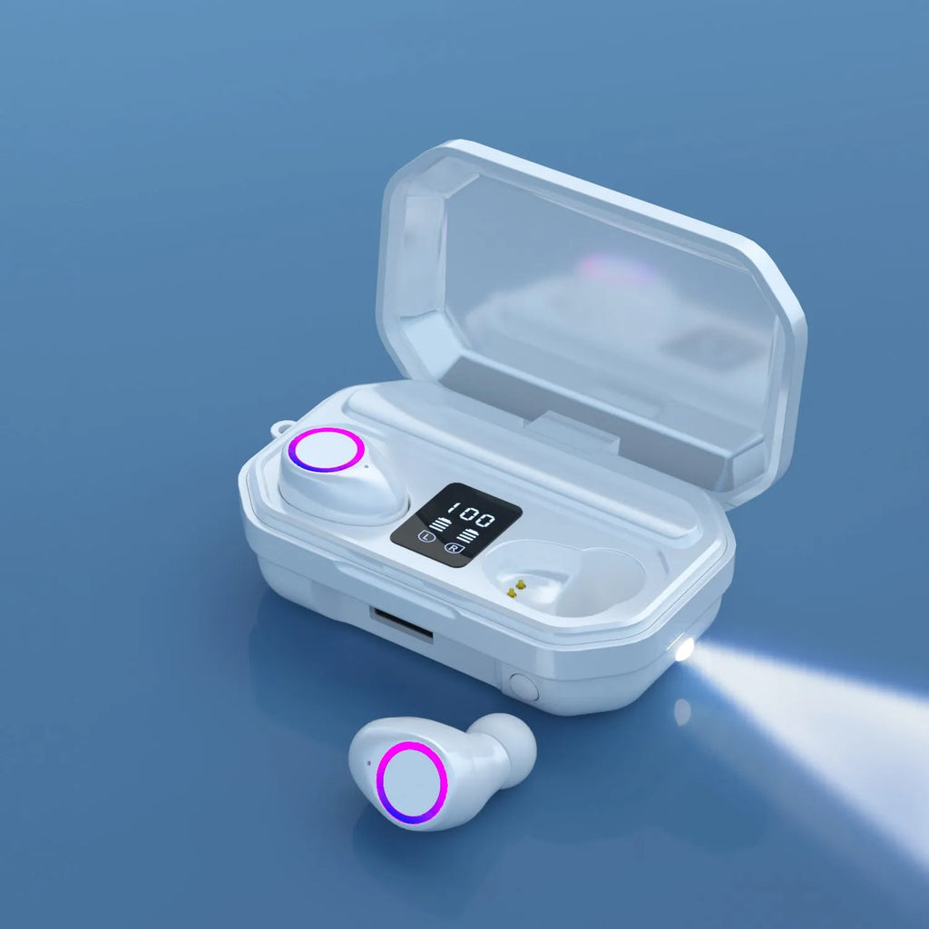 Wireless Bluetooth headset with LED power display showing battery percentage on earbuds and charging case