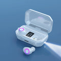 Wireless Bluetooth headset with LED power display showing battery percentage on earbuds and charging case