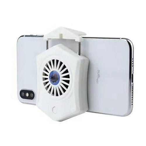 Black USB mobile phone cooling radiator attached to the back of a smartphone