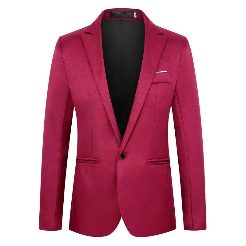 Men's loose-fit acetate suit jacket in black, blue, grey, white, wine red, khaki, sky blue, and lake blue colours