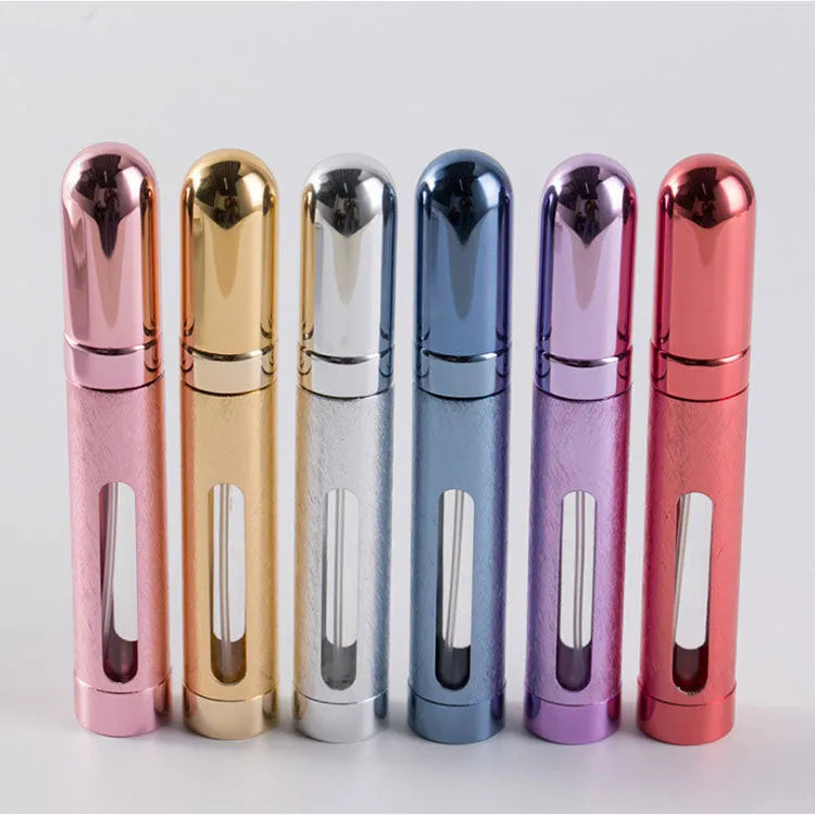 Slim 12ml aluminium bullet-style travel perfume atomiser bottle in a choice of metallic colours.