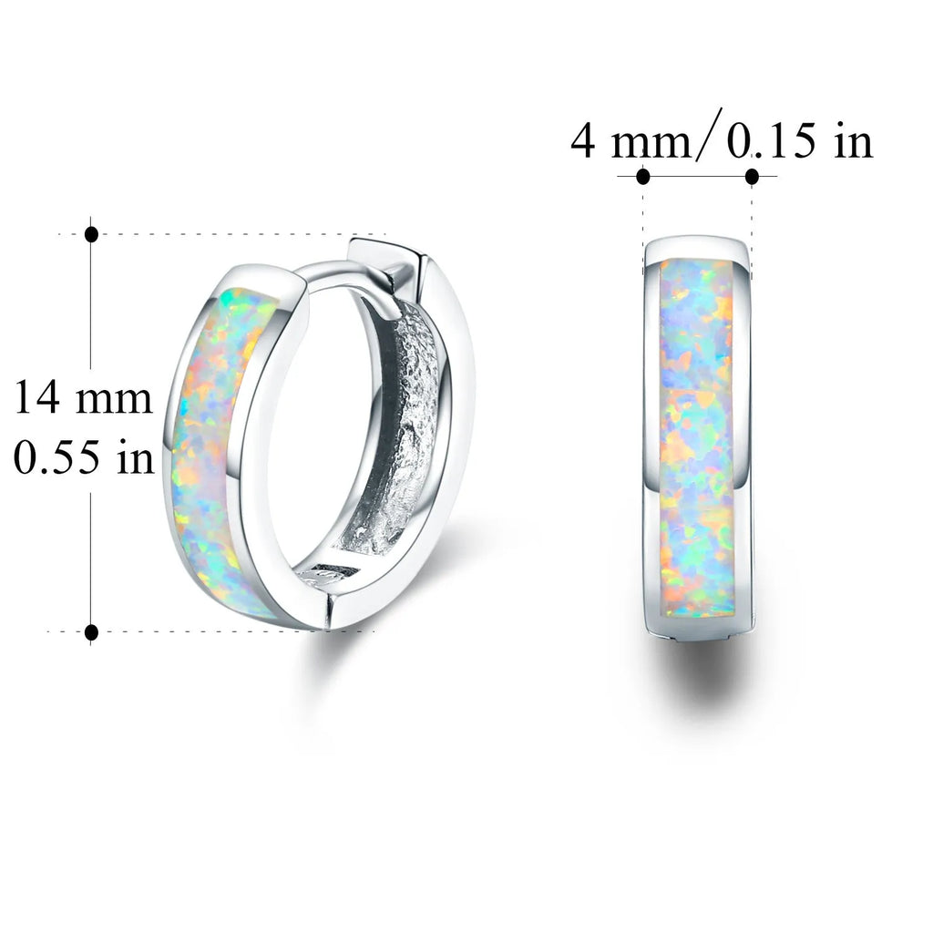 Hinged hug opal earrings in 925 sterling silver white gold plated hoops with opal shimmer