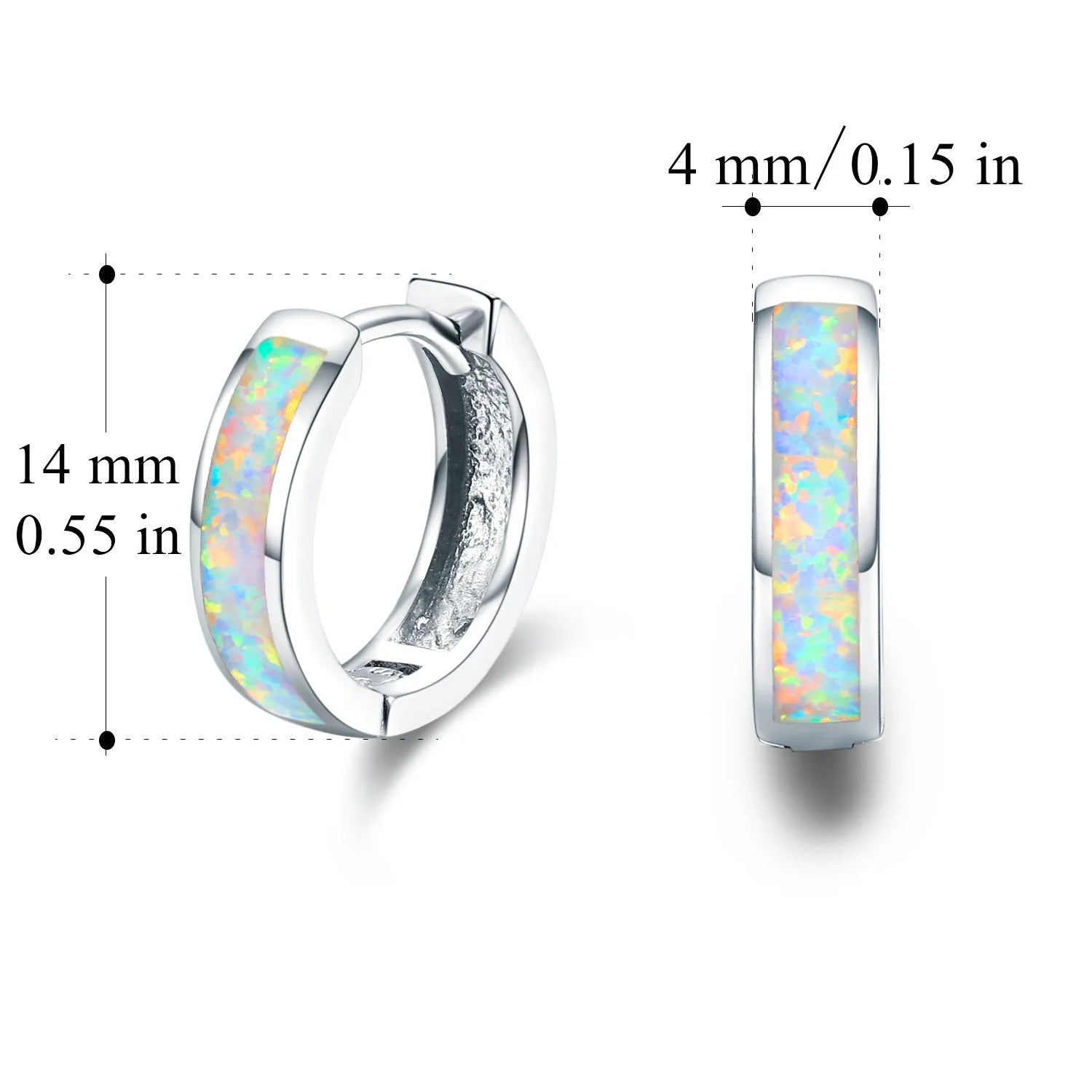 Hinged hug opal earrings in 925 sterling silver white gold plated hoops with opal shimmer