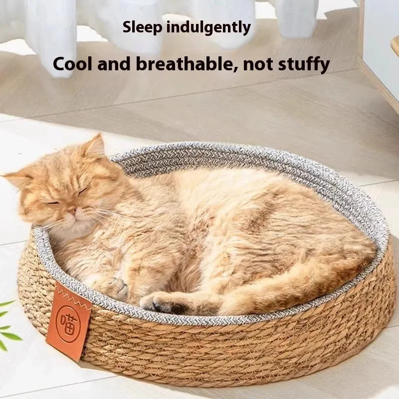 Rattan woven cat nest bed for indoor cats, available in four sizes.