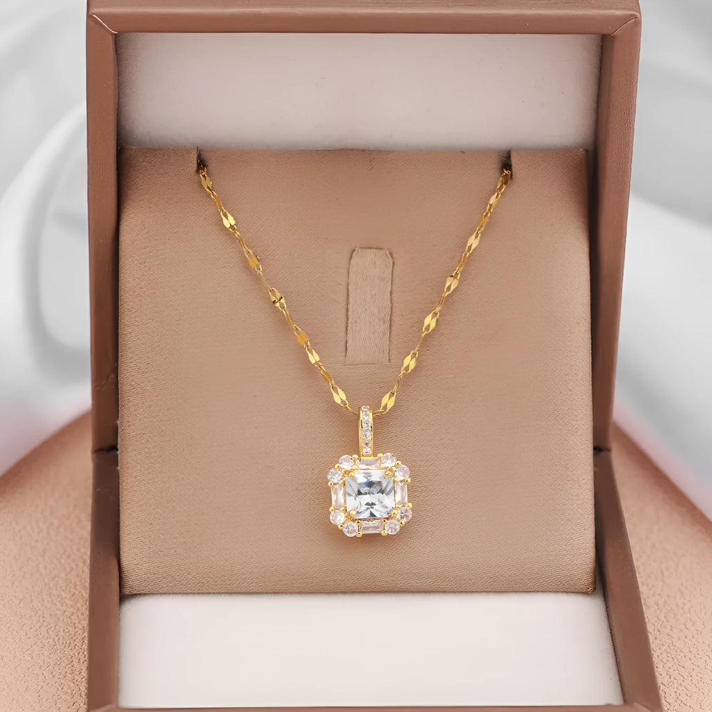 Women's titanium steel clavicle chain with geometric zircon and gem inlaid pendant in gold