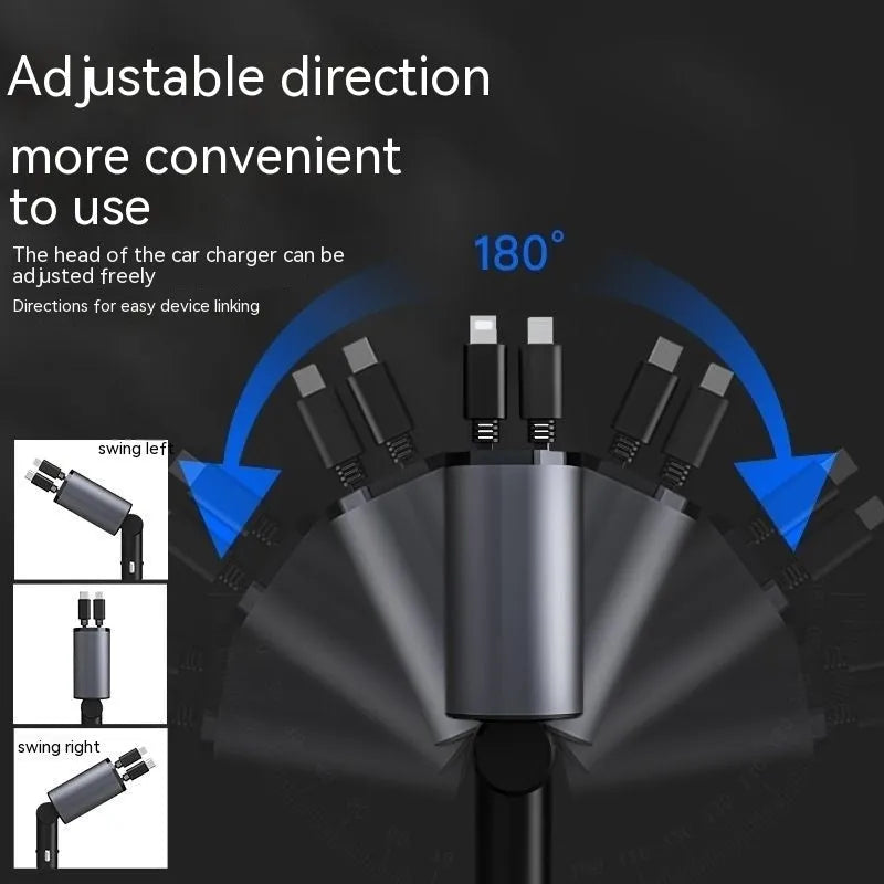 Retractable car charger with four USB ports, plugged into a vehicle cigarette lighter socket.