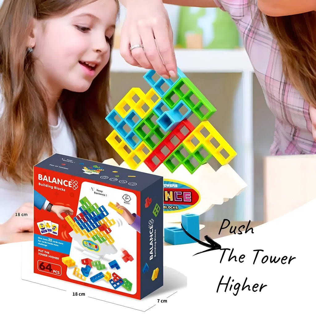 Plastic balance stacking game with 16 colourful building blocks, chassis and base on table