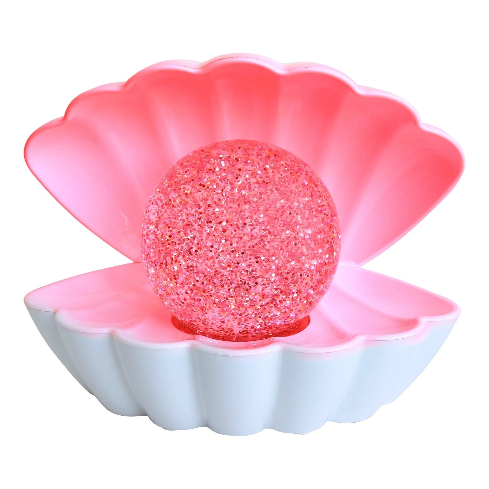 Shell-shaped small night lamp with neon ambience lighting on a table.
