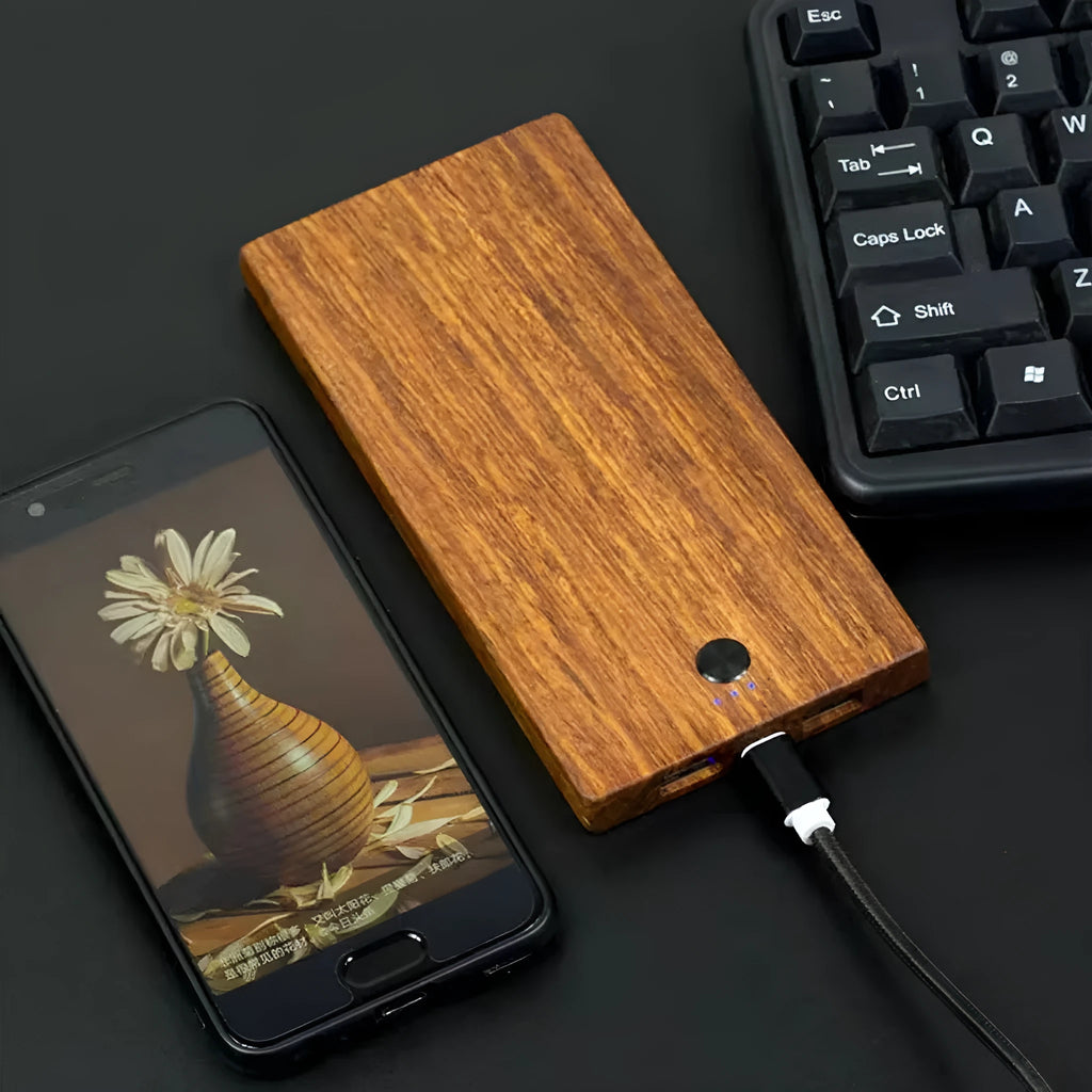 Wooden handicraft 8000mAh power bank with USB ports on slim 12mm body