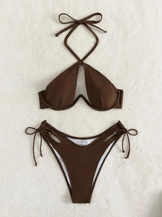 Brown women's halter-neck bikini top and briefs bottom on a mannequin.