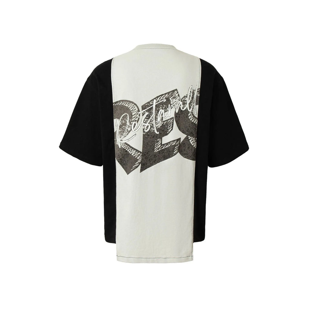Black and white broken collage print on a loose-fit cotton blend short sleeve T-shirt.