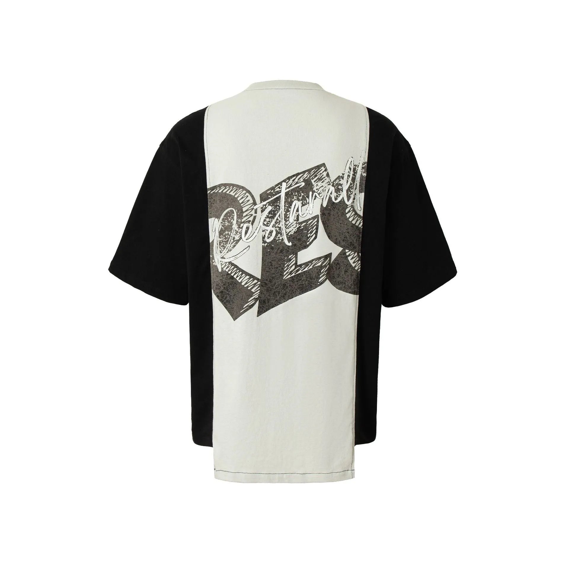 Black and white broken collage print on a loose-fit cotton blend short sleeve T-shirt.