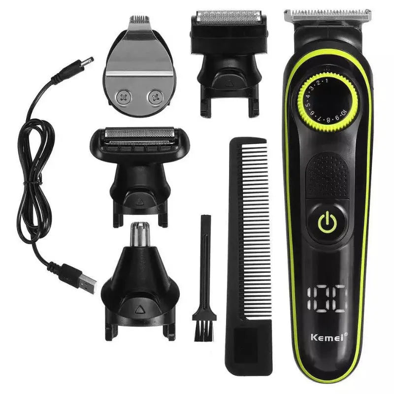 Black household electric hair clipper model KM-696 with USB cable and accessories on a plain background.