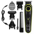Black household electric hair clipper model KM-696 with USB cable and accessories on a plain background.