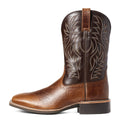 Men's black Western cowboy boots with detailed embroidery stitching on the shaft, square toe, and low heel.