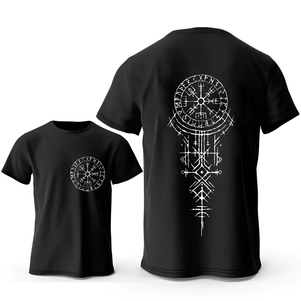 Men's grey T-shirt with a printed Viking Rune Compass design on the chest.