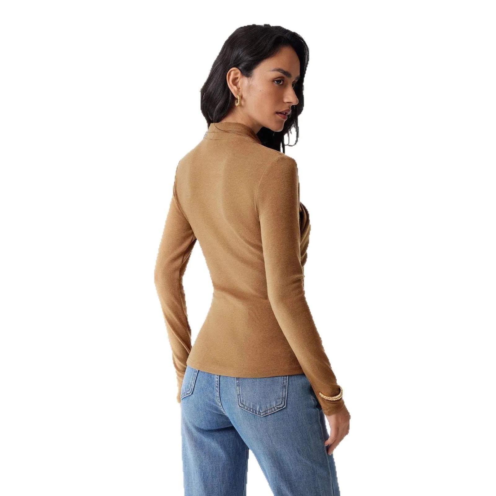 Camel coloured women's slim fit pullover sweater with long sleeves