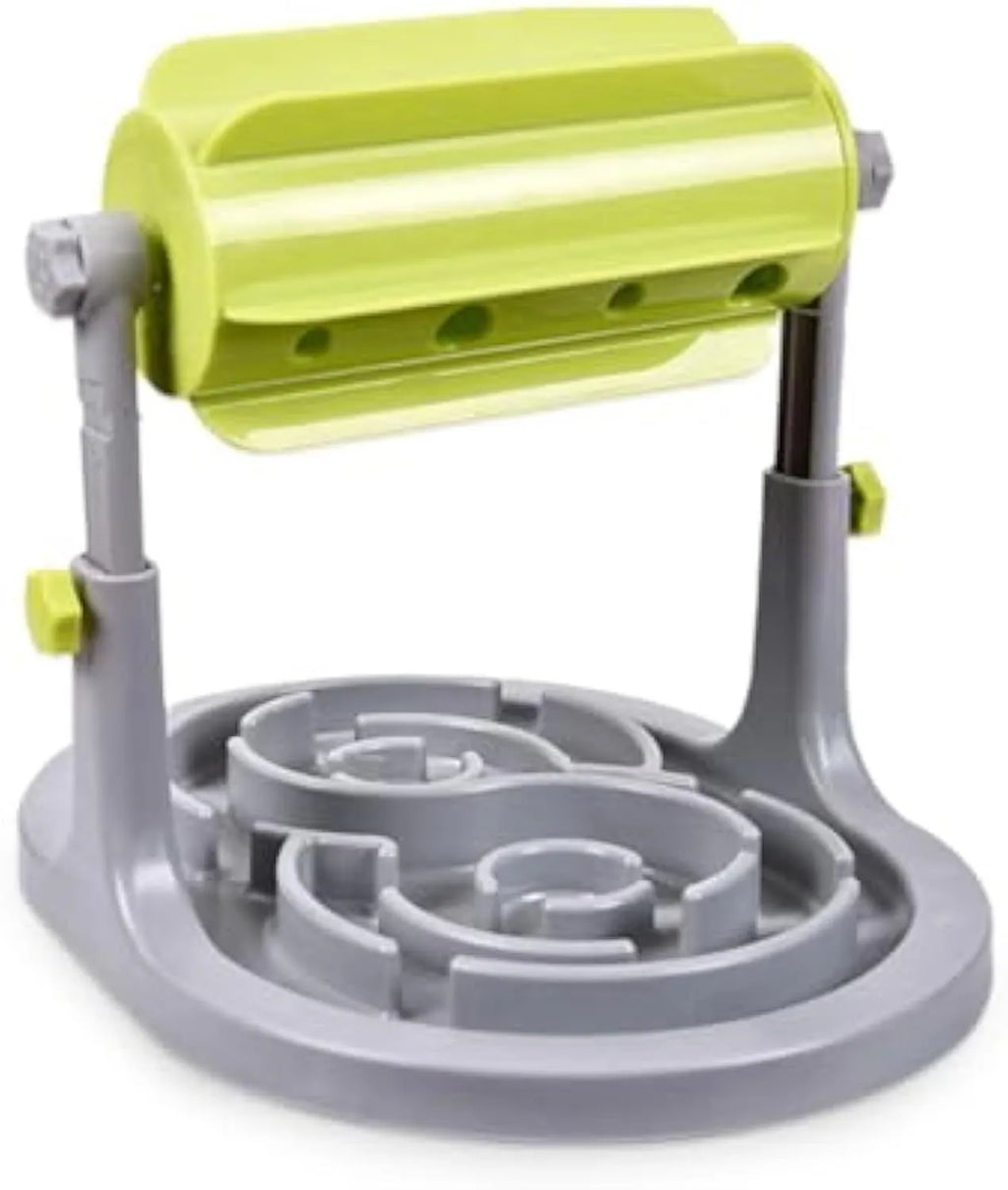 Interactive pet food puzzle bowl with raised patterns and adjustable height in blue, green, or pink colours