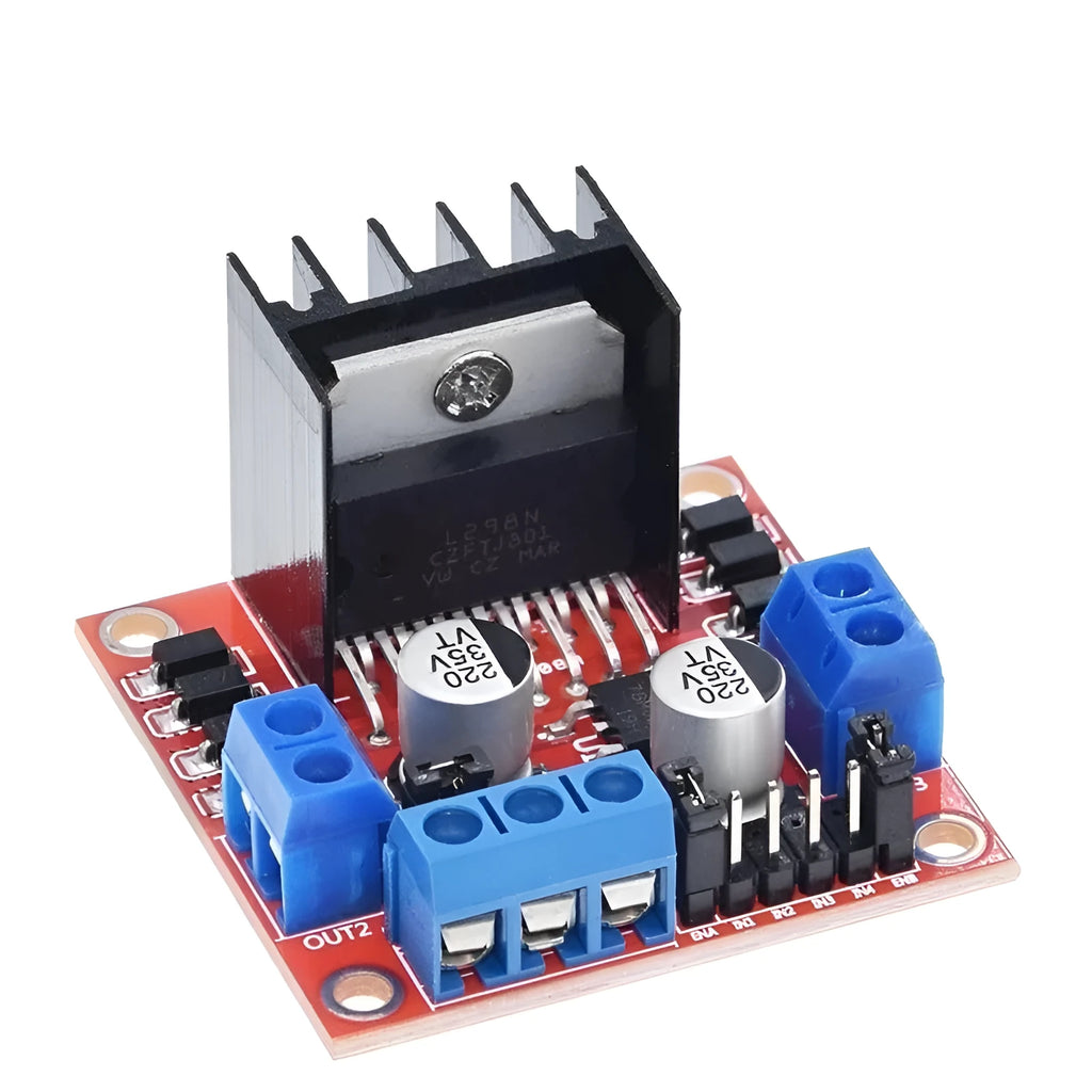 L298N motor driver module board for DC stepper motor control in robotics projects