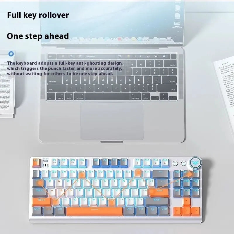 Wireless mechanical keyboard with metal construction and side-engraved keycaps showing Bluetooth connectivity options