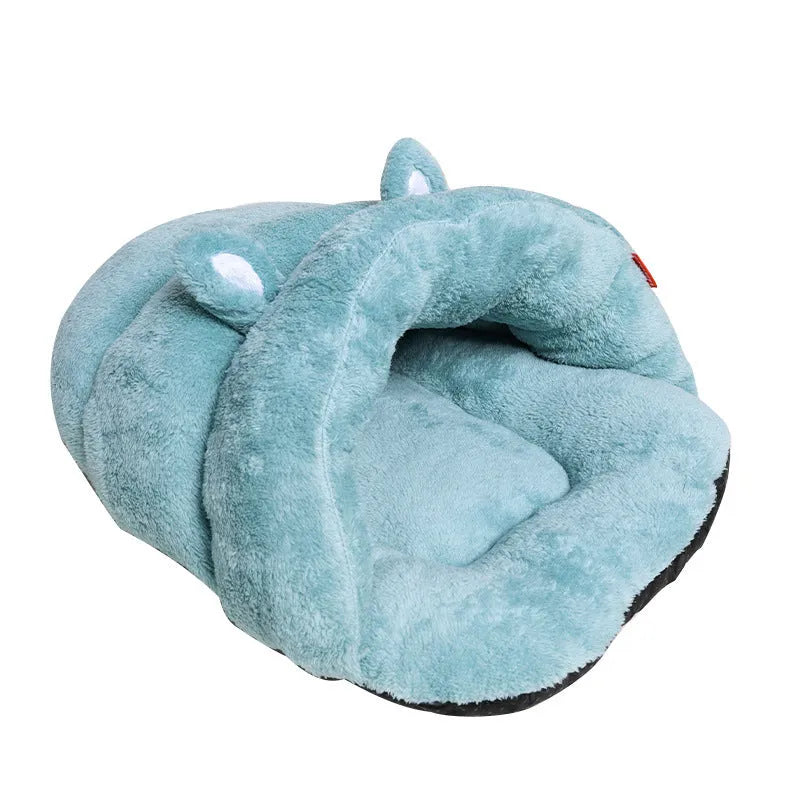 Soft plush pet cave bed in beige with cushion for small dogs and kittens