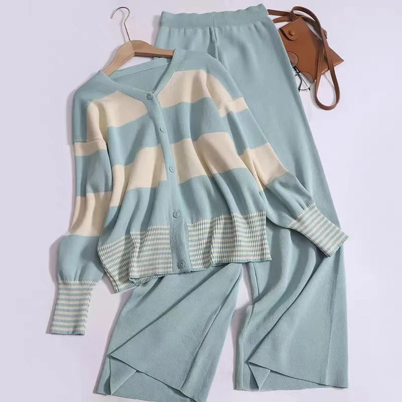 Korean street fashion striped V-neck knitted cardigan and wide leg pants two-piece suit for women in black, loose fit