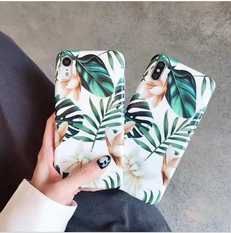 Green banana leaf floral pattern TPU phone case for iPhone on wooden surface