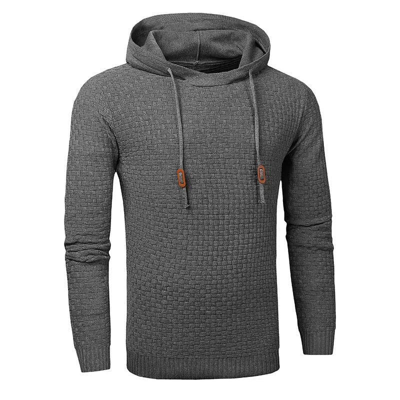 Men's grey cotton-polyester blend hoodie sweatshirt on a hanger.