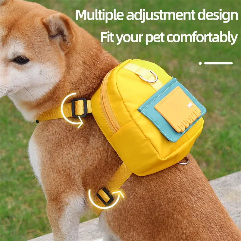 Blue adjustable dog backpack with snack storage compartments and breathable mesh panels
