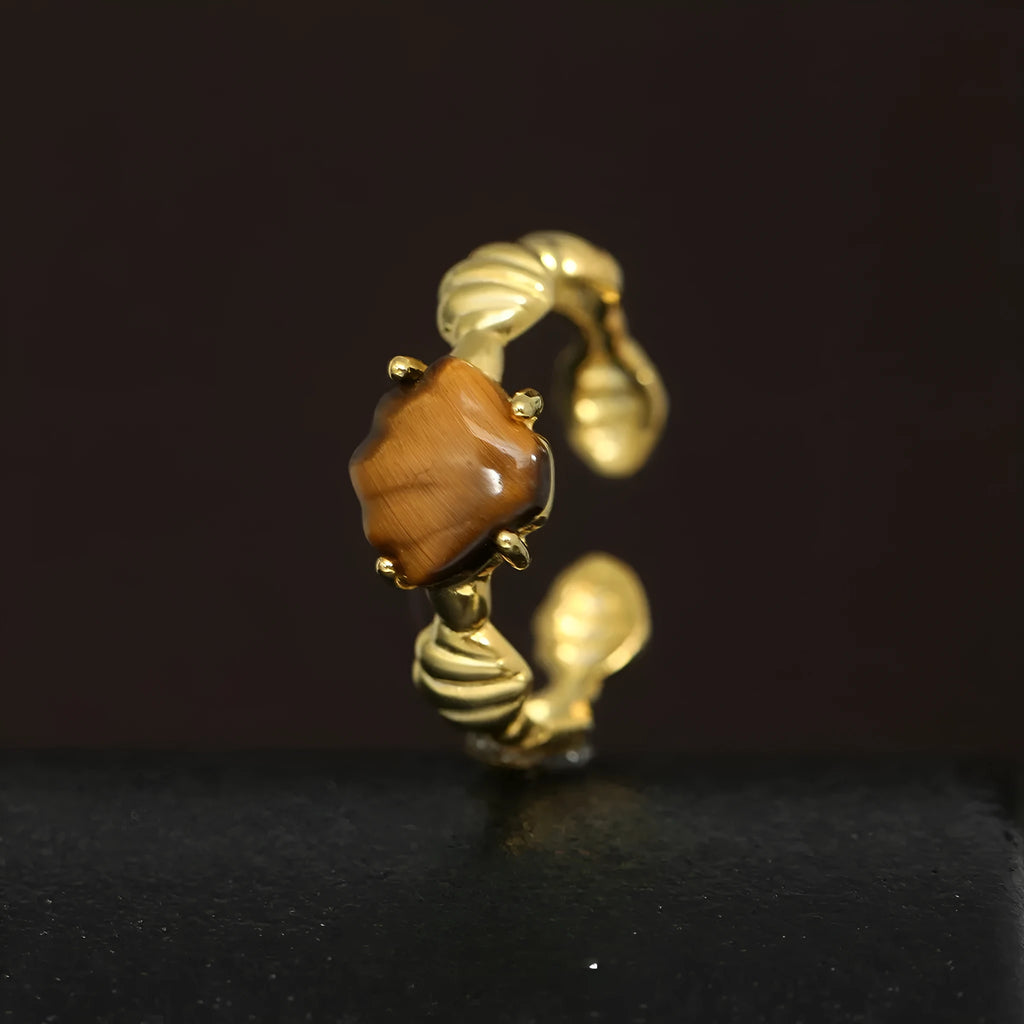 Adjustable silver ring with shell and tiger eye stone in white gold plating