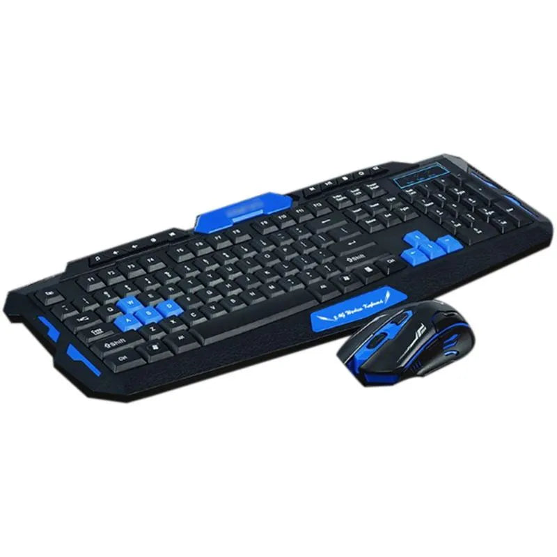 Black and blue wireless keyboard and mouse set on a desk, showing their size and design.