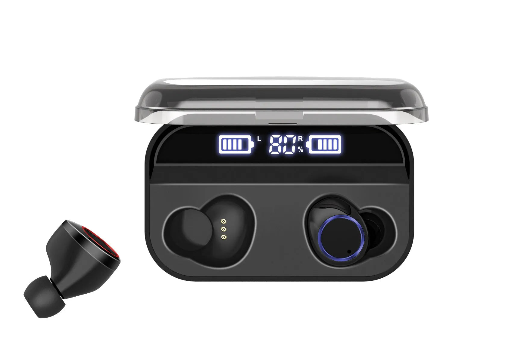 Black X11 wireless Bluetooth earbuds with charging case and six silicone ear tips on a grey background.