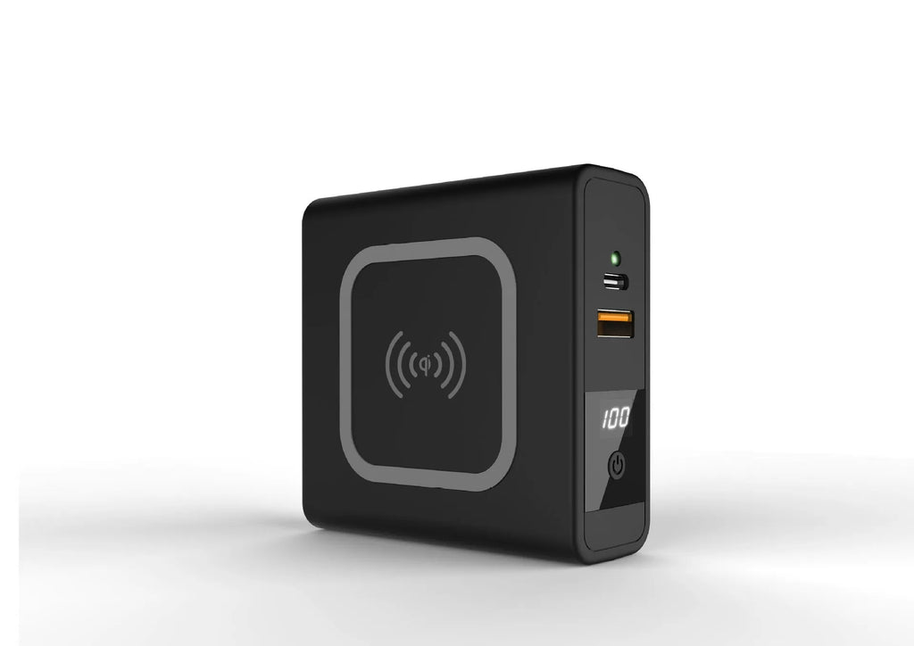 PD20W fast power bank with Super QI wireless charging and 4-in-1 international plug adapter in black colour