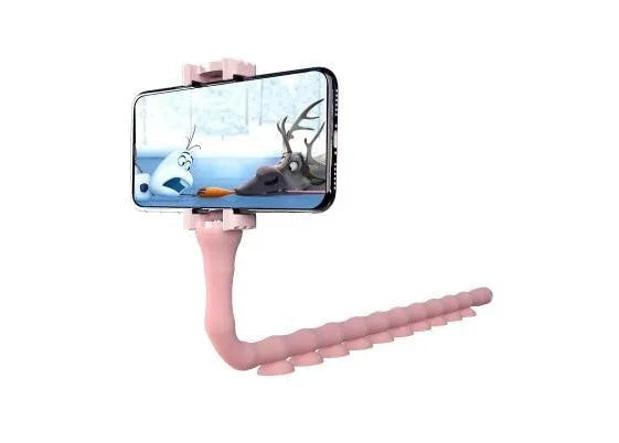 Flexible rubber phone holder with suction cup base showing 360 degree rotation capability