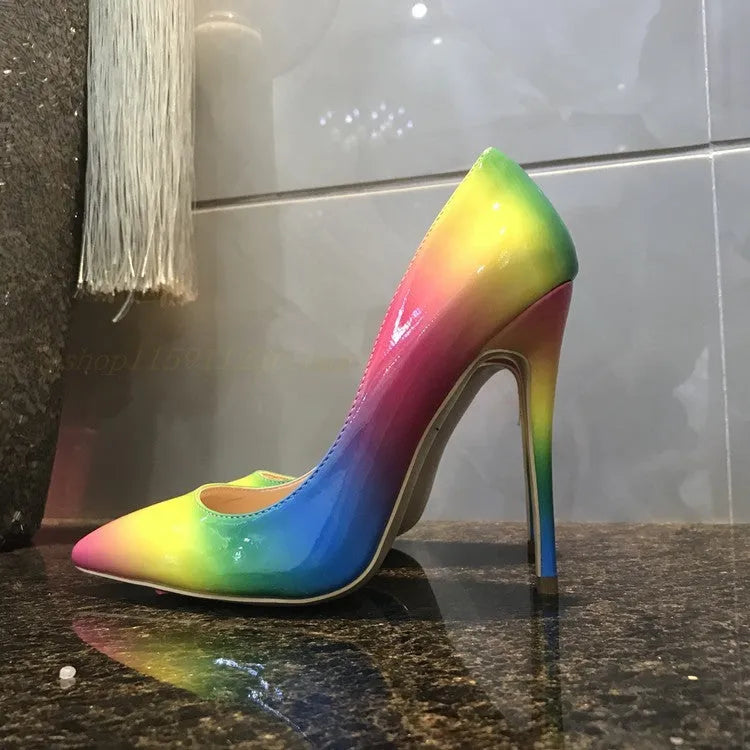 Rainbow patent leather women's high heels with thin ultra-high heels and pointed toes
